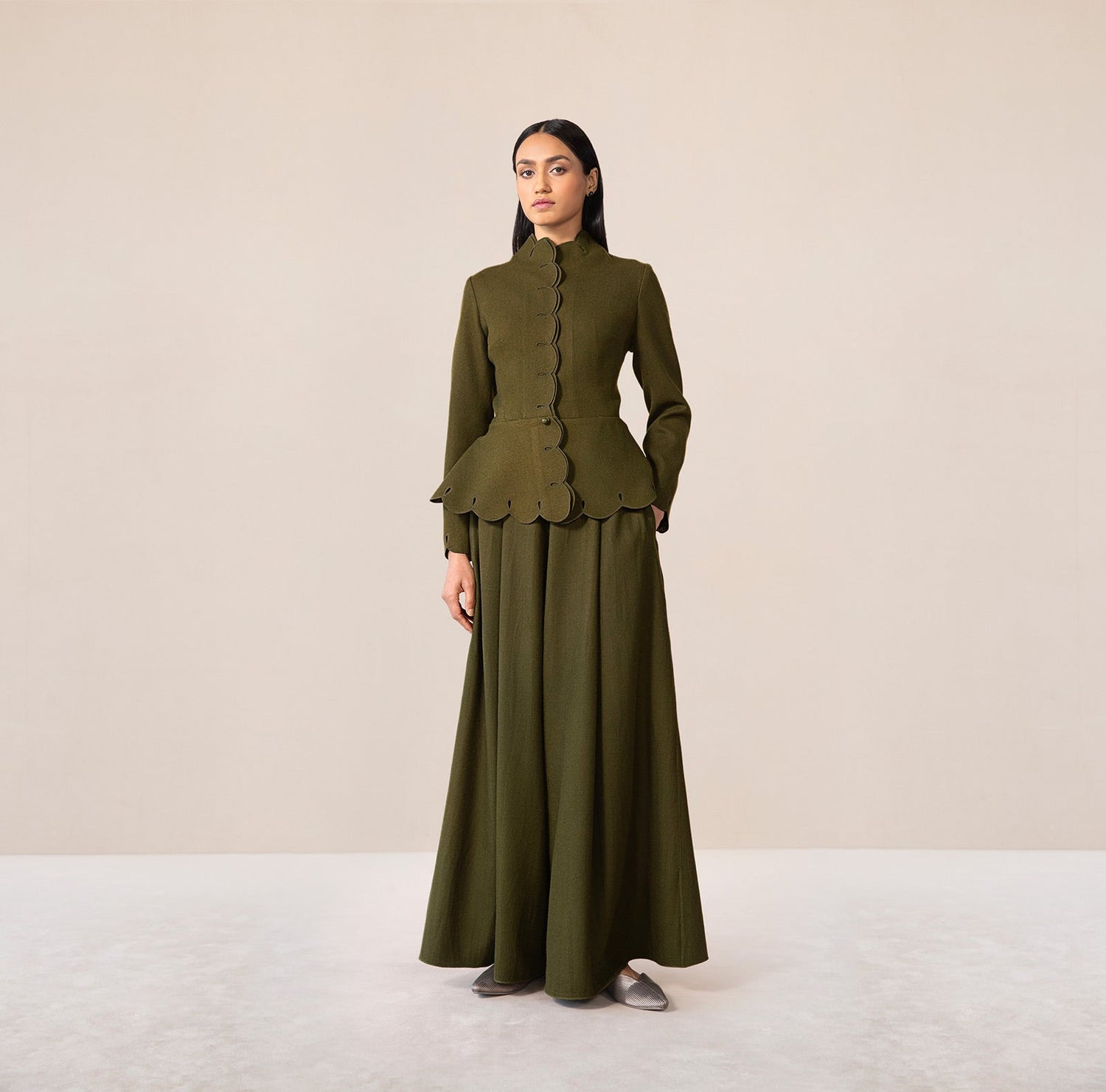 Medha Olive woollen Jacket Set