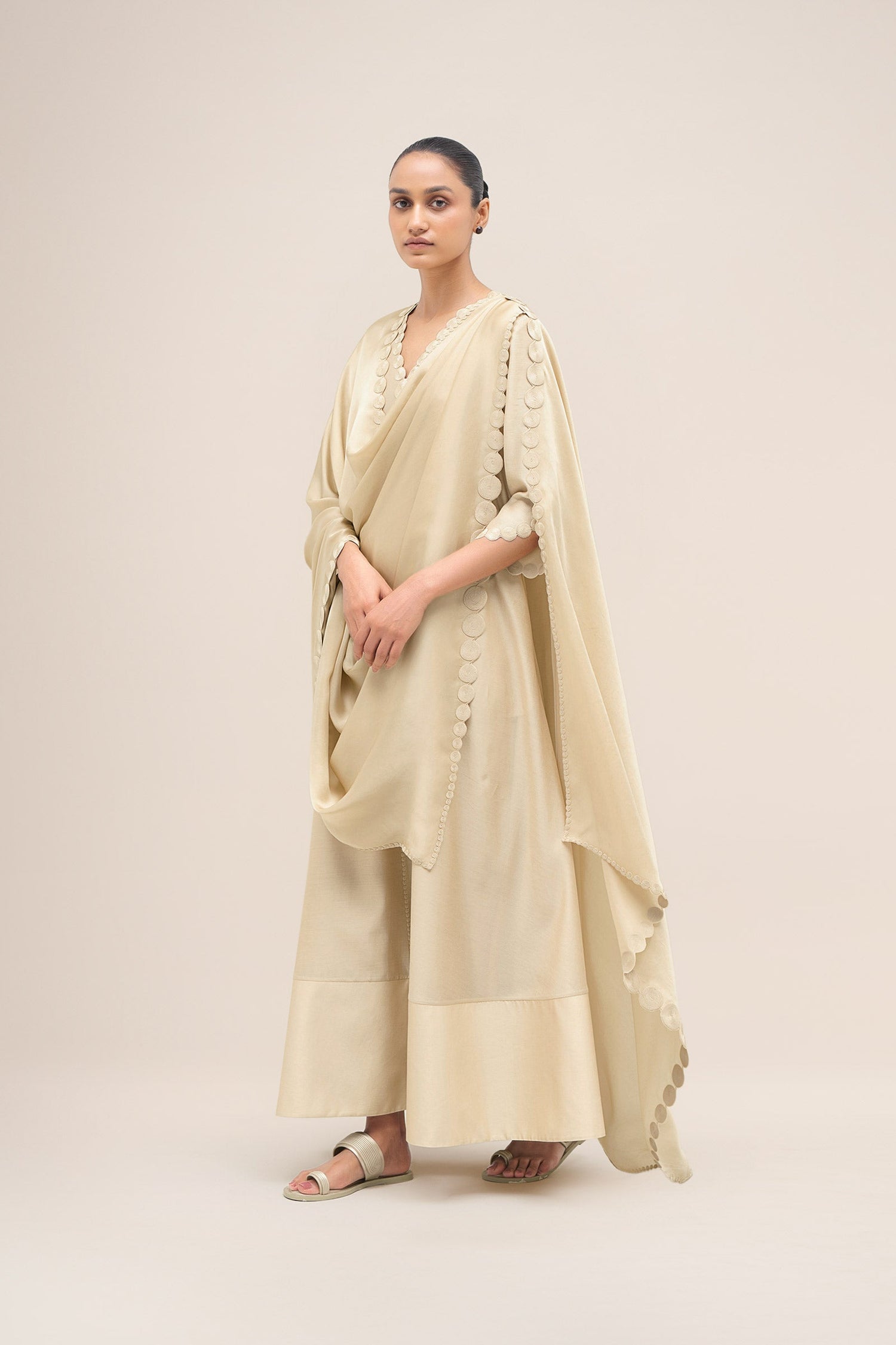  Chanderi Rida Jacket Set – Beige